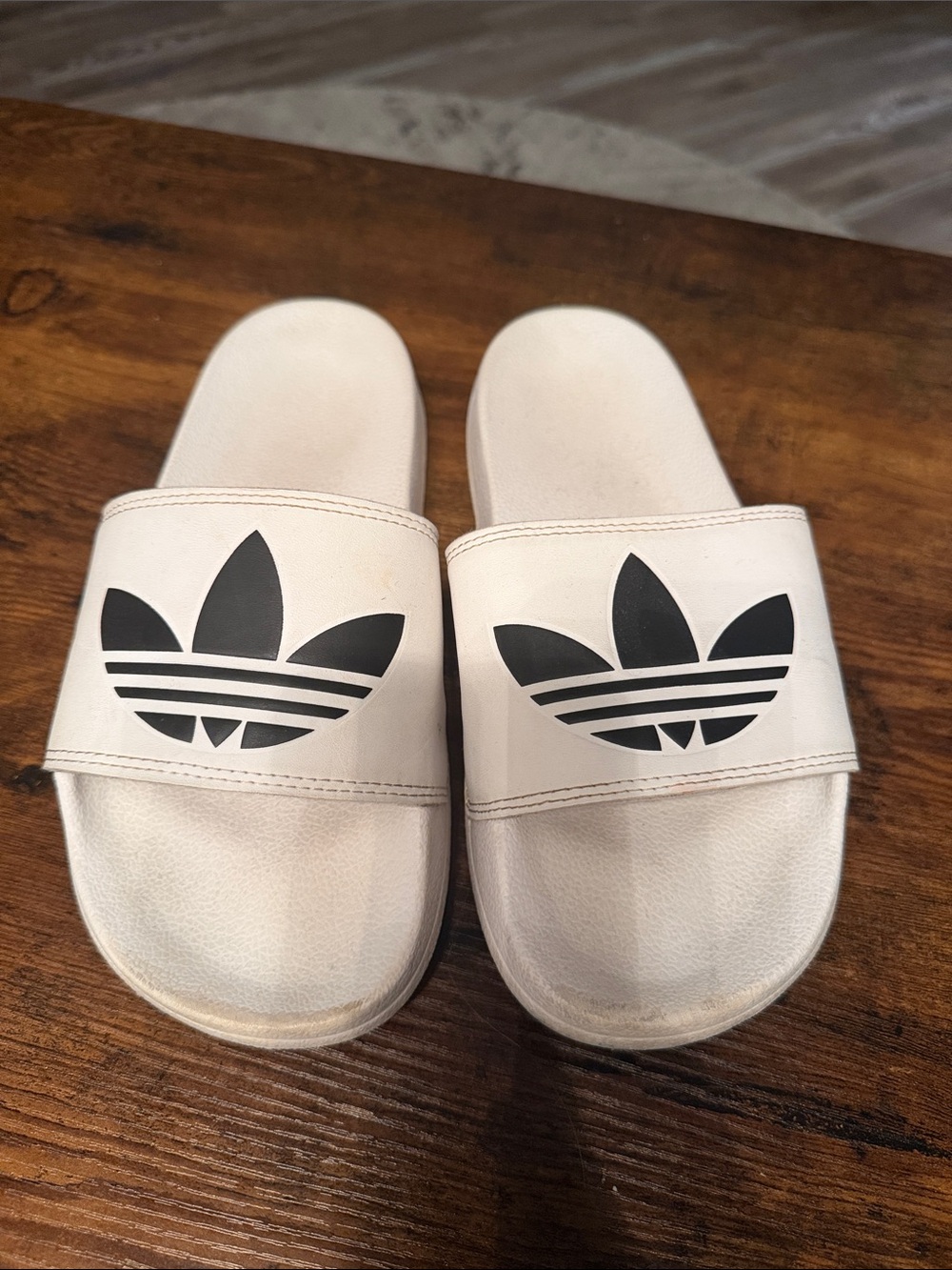 adidas White Slide Sandals with Black Trefoil